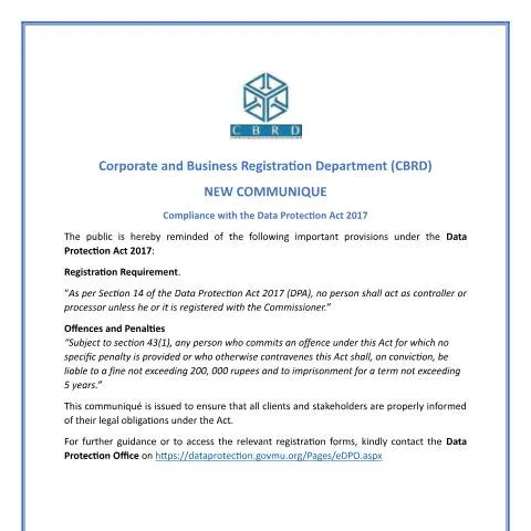 Document preview: Understanding Data Protection Compliance for Mauritius Businesses — Government & admin (Corporate-and-Business-Registration-Department_Data_Protection_Communique)