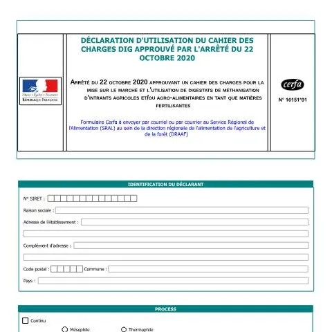 Aperçu du document Cahier des charges DIG : réglementation épandage digestats agricoles — Démarches administratives (CERFA n°16151*01)