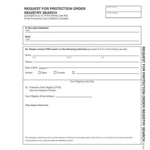 Document preview: Request for Protection Order Registry Search in British Columbia — Legal & justice (PFA 914)