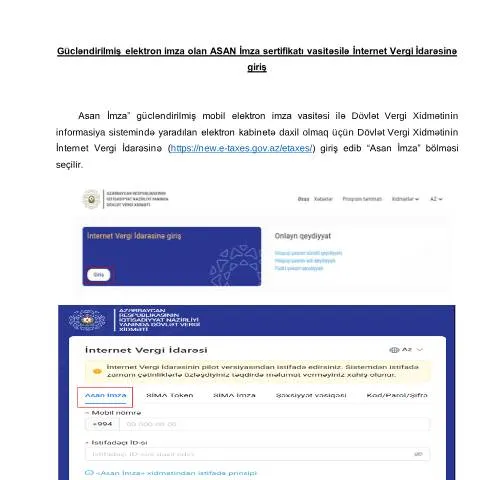 Document preview: ASAN İmza Sertifikatı ilə İnternet Vergi İdarəsinə Girişin Əhəmiyyəti — Vergilər & maliyyə