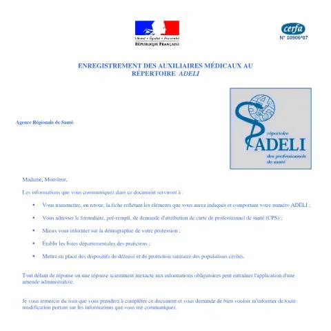 Aperçu du document Inscription au répertoire Adéli : guide complet pour auxiliaires — Santé (CERFA n°10906*07)