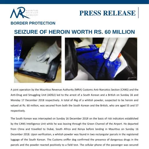 Document preview: Mauritian Authorities Seize Rs. 60 Million Heroin at Airport — Government & admin (CERFA n°PressRelease201218)