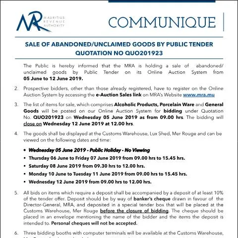 Document preview: Understanding Public Tender for Unclaimed Goods — Government & admin (CERFA n°Communique23of2019)
