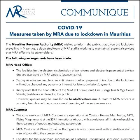 Document preview: MRA's Response to COVID-19 Lockdown in Mauritius — Government & admin (CommuniqueCovid19)