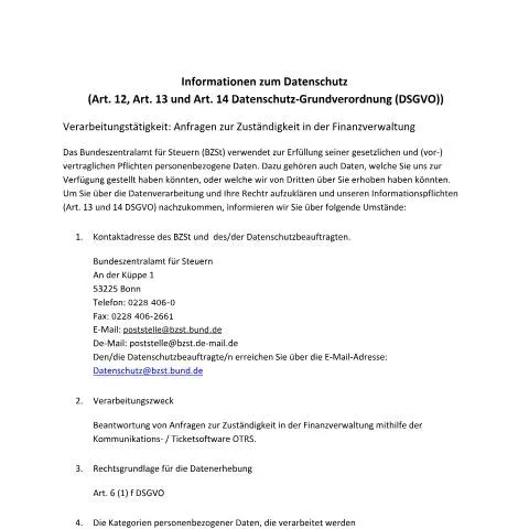 Dokumentvorschau: Klärung der Finanzzuständigkeit in Deutschland — Behörden & Verwaltung (CERFA n°Anfragen_Zustaendigkeit_Finanzverwaltung)