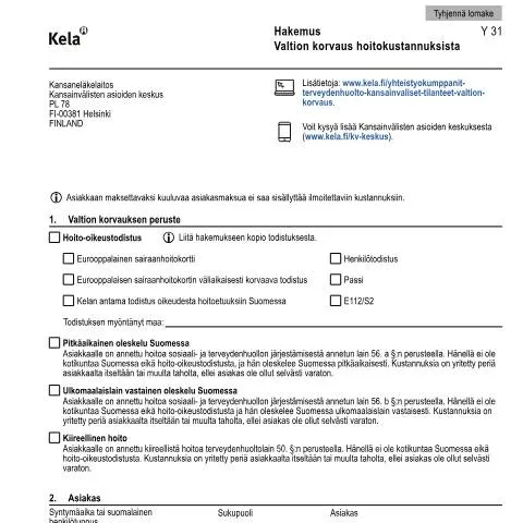 Document preview: Valtion korvaus hoitokustannuksista - Hakemus Y 31 — Hallinnolliset asiat (CERFA n°Kela Y 31)