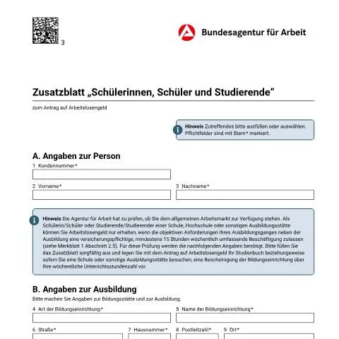 Dokumentvorschau: Wichtige Informationen zum Zusatzblatt für Arbeitslosengeld — Behörden & Verwaltung (CERFA n°zb-schulestudium_ba032575)