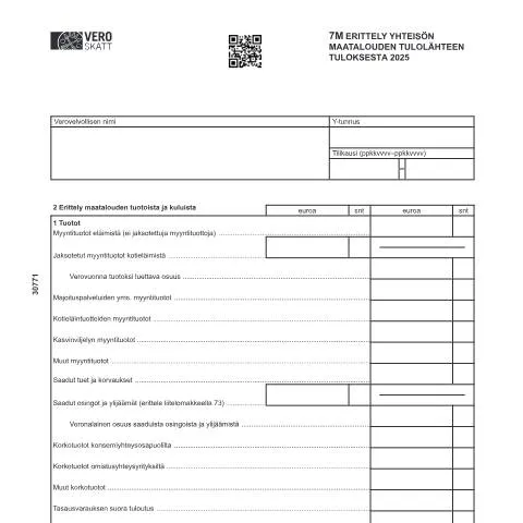 Document preview: Maatalouden tulolähteen ilmoittaminen 7M lomakkeella — Verot & verotus (CERFA n°Vero 3077)