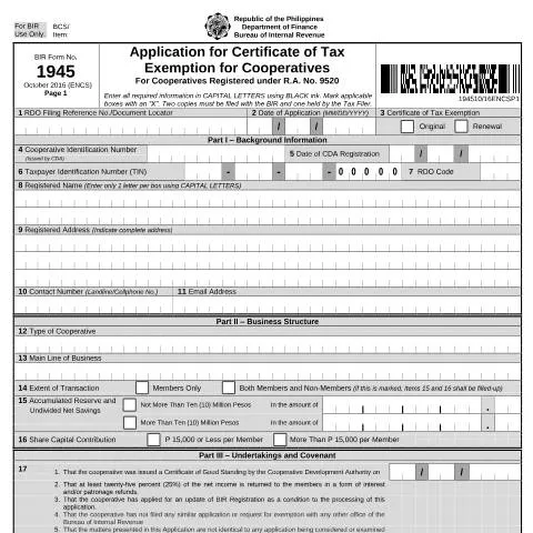 Document preview: Understanding BIR Form No. 1945 for Cooperatives — Taxes (CERFA n°1945)