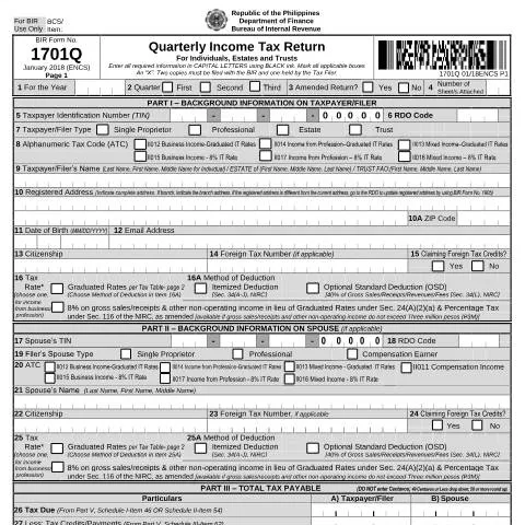 Document preview: Understanding BIR Form No. 1701Q for Tax Compliance — Taxes (CERFA n°1701Q)