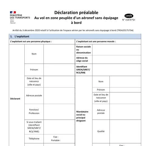 Aperçu du document Comment déclarer un vol de drone en zone peuplée en France — Véhicule & permis (CERFA n°15476*04)