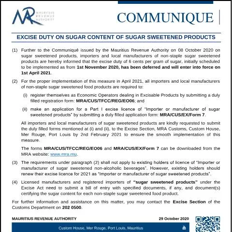 Document preview: Understanding Mauritius' Excise Duty on Sugar-Sweetened Products — Government & admin (SugarContent291020)
