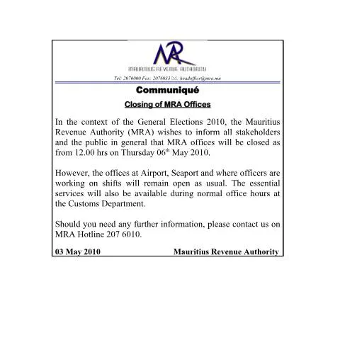 Document preview: Understanding the Closing of Offices Document in Mauritius — Government & admin (CERFA n°ClosingOffice)