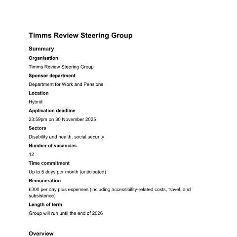 Document preview: Become a Key Contributor to the Timms Review Steering Group — Government & admin