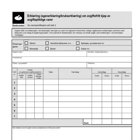 Document preview: Forstå RF-1327 for avgiftsfrie kjøp i Norge — Skatt & avgifter (CERFA n°RF-1327)