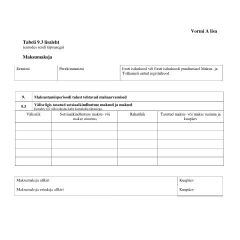 Document preview: Tabeli lisa 9.3 lisaleht ja selle roll maksudeklaratsioonides — Maksud ja maksustamine (CERFA n°VORM A TABEL 9.3 LISALEHT)