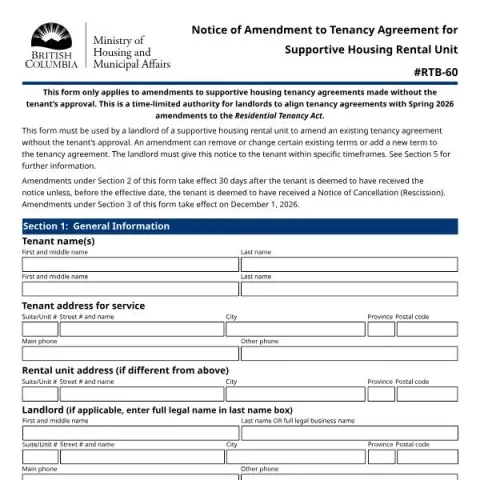 Document preview: Amendment Notice for Supportive Housing Tenancies in Canada — Housing (RTB-60)