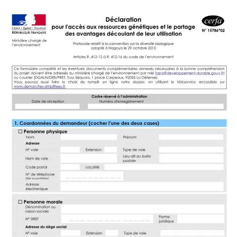 Aperçu du document Formulaire 15786*02 : obligations déclaratives ressources génétiques — Démarches administratives (CERFA n°15786*02)