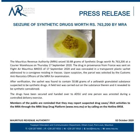Document preview: Mauritius Revenue Authority's Major Drug Seizure on October 2, 2020 — Government & admin (PressRelease021020)