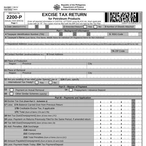 Document preview: Comprehensive Overview of BIR Form No. 2200-P Excise Tax Return — Taxes (CERFA n°2200-P)