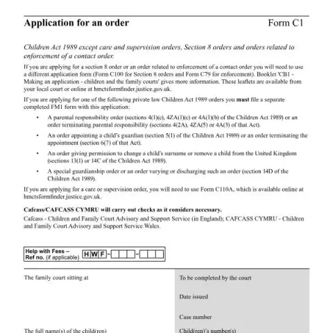 Document preview: Understanding the Application for an Order Form C1 in UK Family Law — Legal & justice (C1)