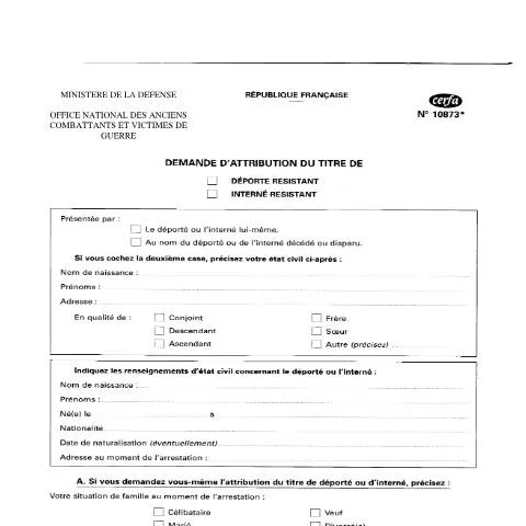 Aperçu du document Formulaire 10873*02 : Attribution du titre de déporté résistant — Démarches administratives (CERFA n°10873*02)
