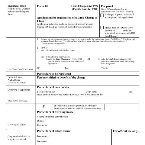 Document preview: Form K2: Registering Class F Land Charges for Home Protection — Government & admin