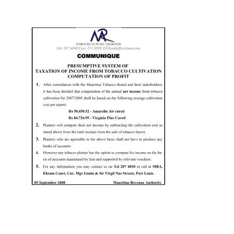 Document preview: Taxation of Tobacco Income in Mauritius 2008 — Taxes (CERFA n°communiqueTobacco_050908)
