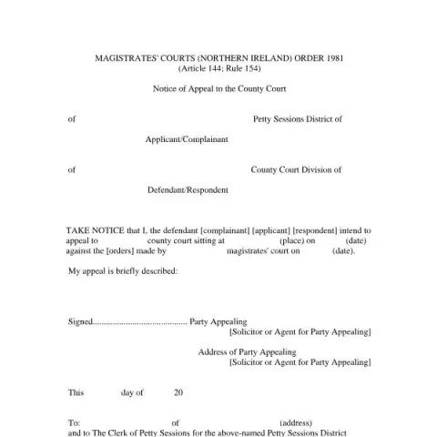 Document preview: Guide to Filing a Notice of Appeal in Northern Ireland Magistrates' — Legal & justice (p_uf_Notice_of_Appeal_to_CountyCourt)