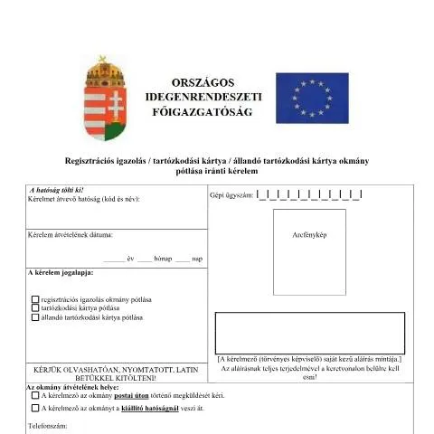 Document preview: A tartózkodási kártya pótlásának lépései — Adminisztratív ügyintézés