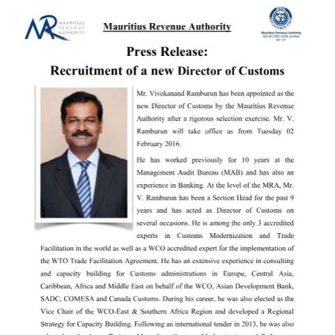 Document preview: Understanding the Impact of the New Customs Director in Mauritius — Government & admin (PressReleaseFeb2016)