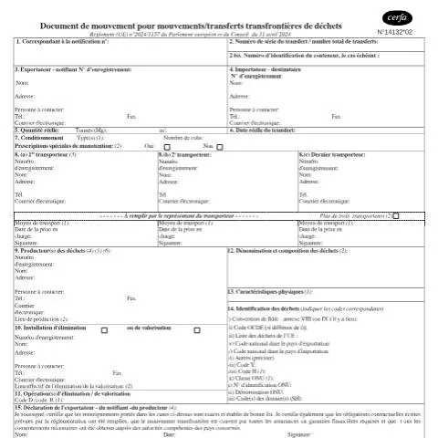Aperçu du document Formulaire 14132*02 : traçabilité des déchets transfrontaliers — Démarches administratives (CERFA n°14132*02)