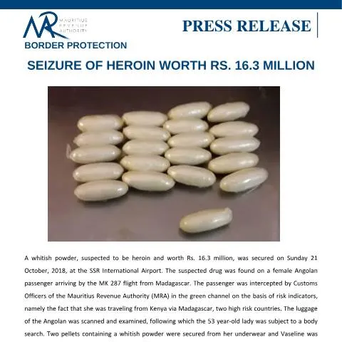 Document preview: Heroin Seizure at Mauritius International Airport — Government & admin (CERFA n°DrugSeizure231018)
