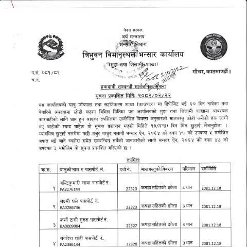 Document preview: त्रिभुवन विमानस्थल भन्सार प्रक्रियामा कस्टम्स फर्मको भूमिका — कस्टम र आयात-निर्यात (CERFA n°त्रिभुवन विमानस्थल भन्सार कार्यालयको हकदावी सम्बन्धी सूचना २०८२ ०२ २२ ekqq8im)