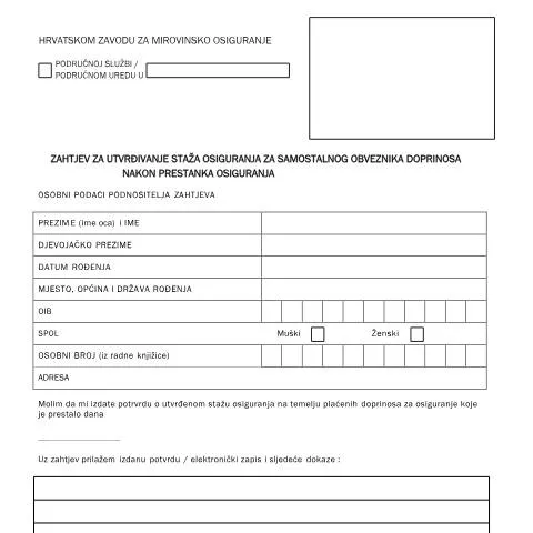 Document preview: Tiskanica br 2 3 - potvrda staža osiguranja u mirovinskom osiguranju — Mirovina i penzija (CERFA n°Tiskanica_br_2_3)