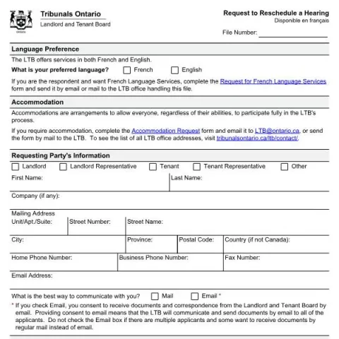 Document preview: How to Request a Hearing Reschedule in Ontario (English / French) — Housing