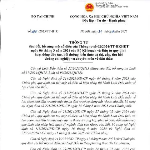 Document preview: Thông tư 105/2025/TT-BTC: Cải cách trong lĩnh vực đấu thầu — Thuế & tài chính (CERFA n°105/2025/TT-BTC)