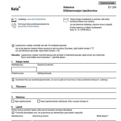Document preview: Eläkkeensaajan lapsikorotus: Tuki perheille eläkkeellä — Hallinnolliset asiat (CERFA n°Kela EV 264)