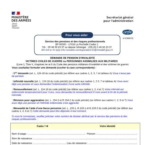 Aperçu du document Comment obtenir une pension d'invalidité pour les victimes civiles de — Santé (CERFA n°15868*02)