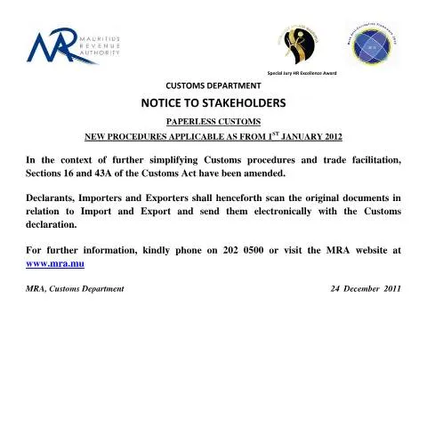 Document preview: Introduction to Mauritius Paperless Customs Initiative — Government & admin (CommuniqueCustomsPaperlessDec2011)