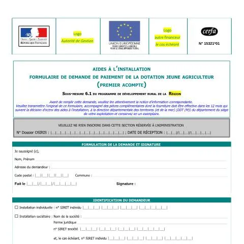 Aperçu du document Premier acompte DJA : comment déclencher le versement initial — Démarches administratives (CERFA n°15321*01)