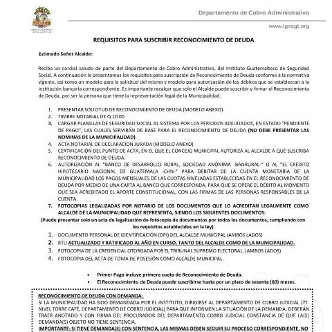 Vista previa del documento Importancia del Reconocimiento de Deuda Municipal ante el IGSS — Trámites administrativos