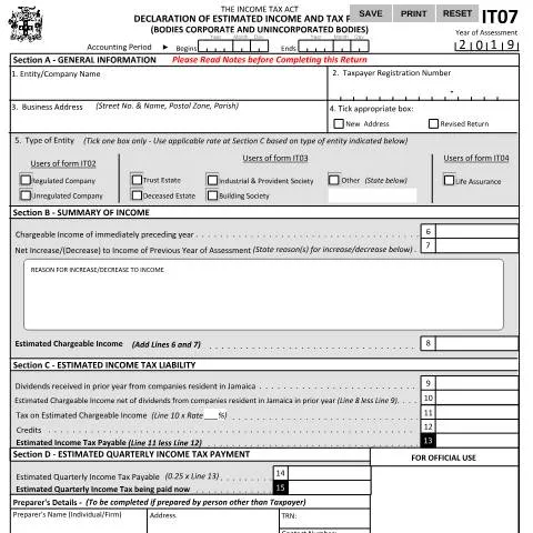 Document preview: Understanding the Jamaica IT07 2019 Declaration Form for Estimated — Government & admin (CERFA n°IT07_2019)