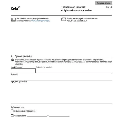 Document preview: Erityisraskausraha ja työnantajan rooli — Perhe (CERFA n°Kela SV 96)
