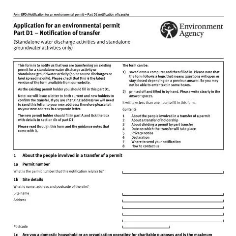 Document preview: Environmental Permit Transfer: D1 Notification Requirements — Government & admin