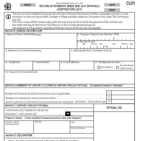 Document preview: Understanding the Contractors Levy Return Form in Jamaica — Government & admin (CERFA n°cl01_12092016)