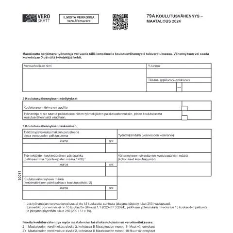 Document preview: Maatalouden koulutusvähennys: Lomake 79A ja sen hyödyt — Verot & verotus (CERFA n°Vero 3007)