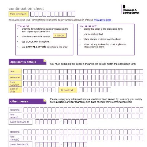 Document preview: Understanding DBS Yellow Continuation Sheets for Application Overflow — Government & admin