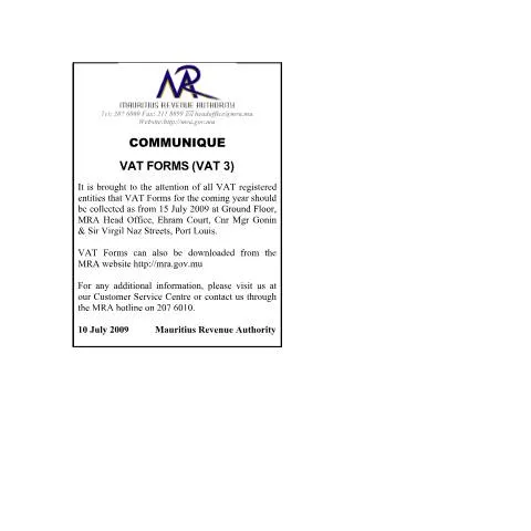 Document preview: Mauritius VAT Form Distribution 2009-2010 — Taxes (communiqueVAT3_130709)