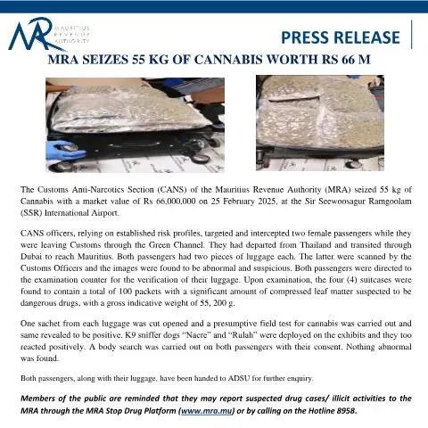 Document preview: MRA's Major Cannabis Seizure Highlights Anti-Drug Efforts — Government & admin (PressRelease250225)